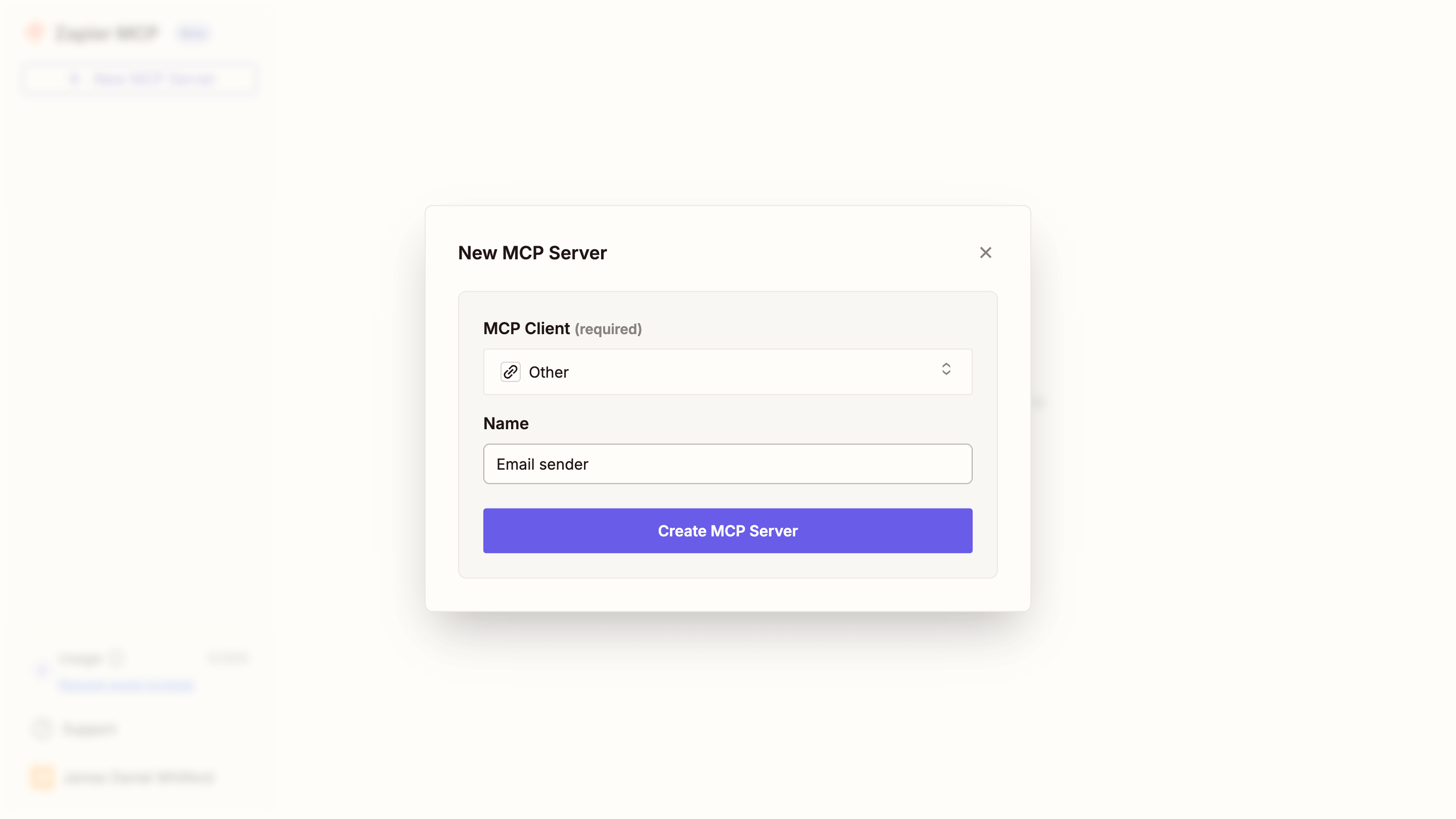 Creating new MCP server in Zapier dashboard