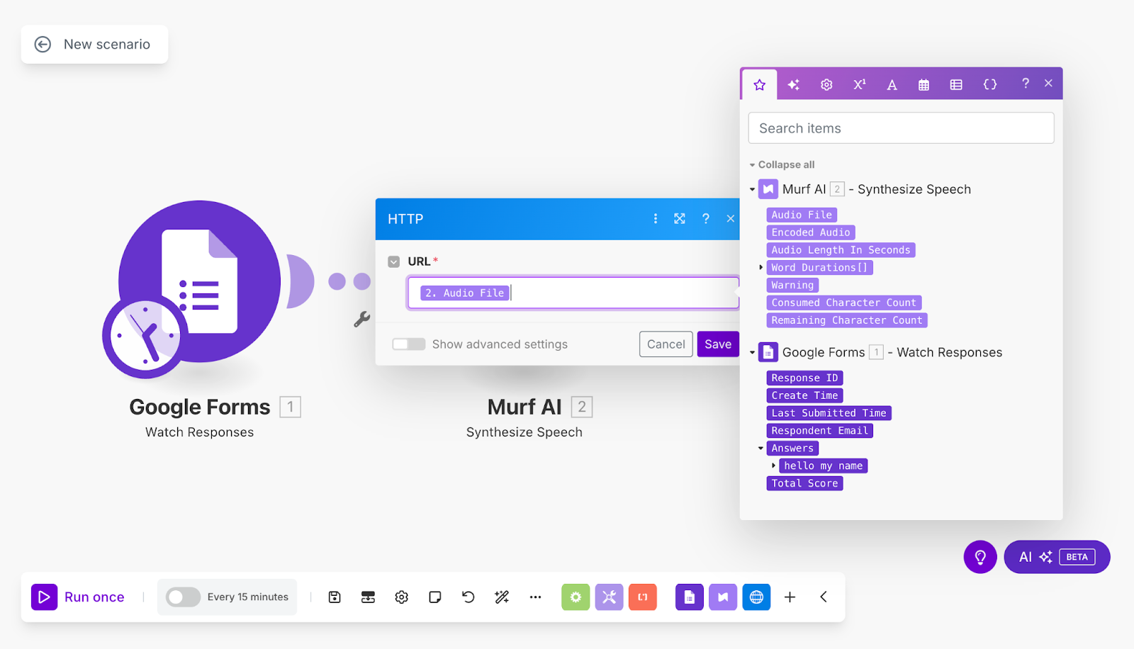 Select Audio File field from Murf AI response as URL