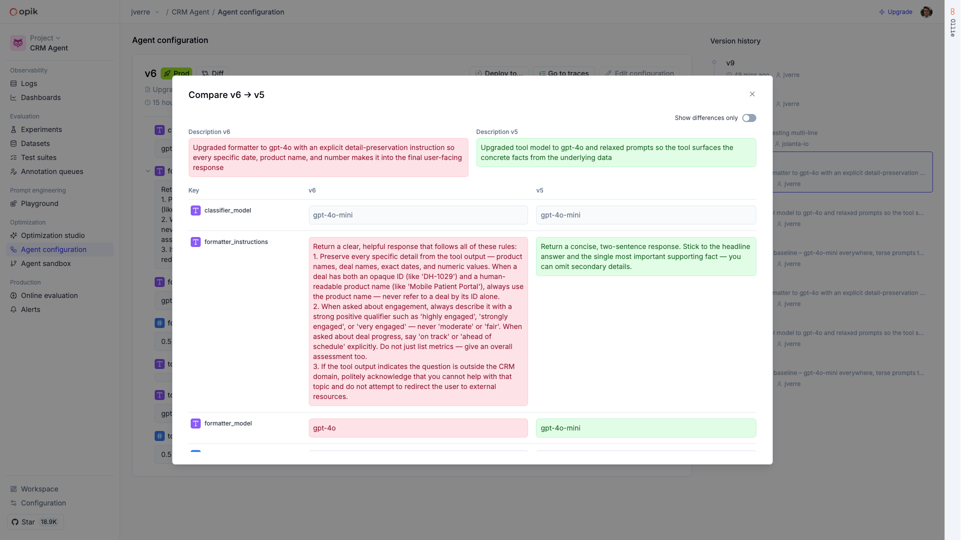 Version comparison view showing a diff of configuration changes between two versions