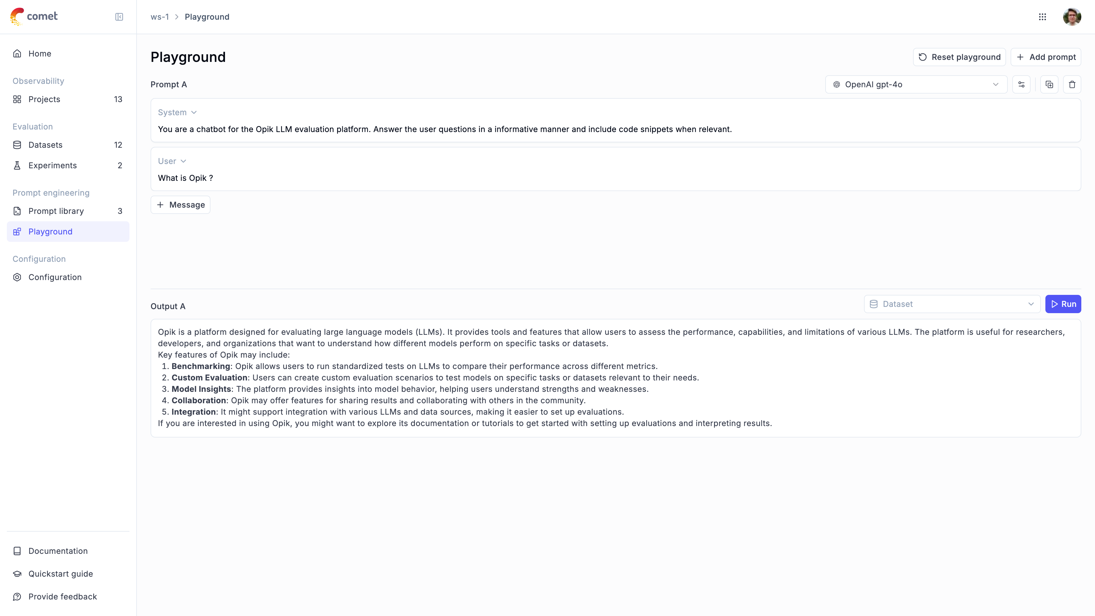 Prompt Playground Opik Documentation