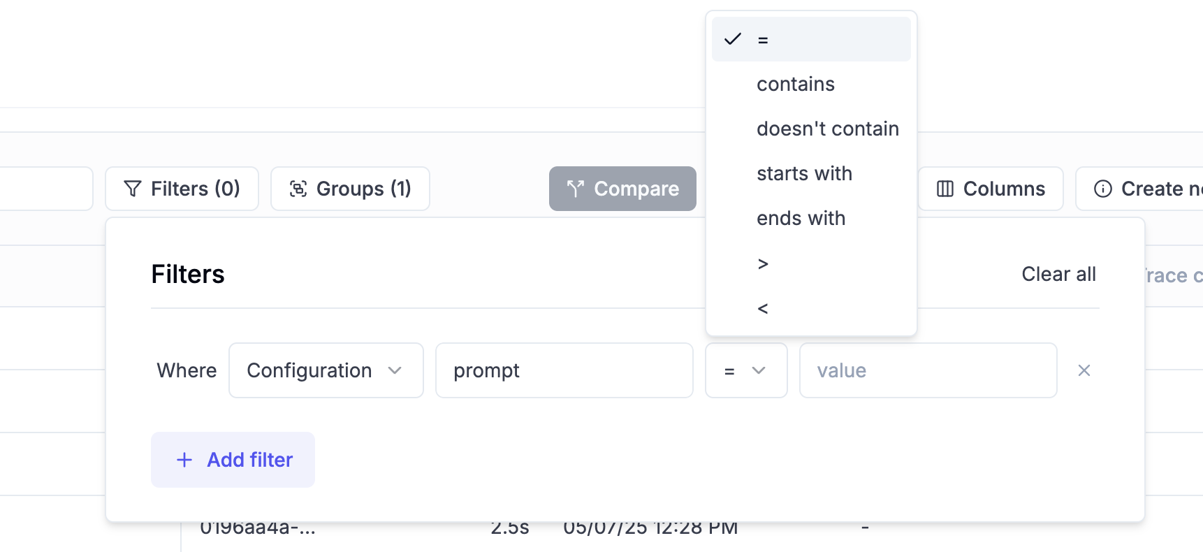 Experiment table filter operators showing advanced filtering options