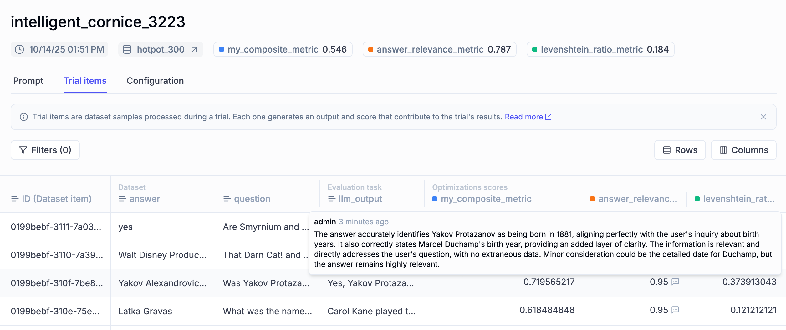 Trial items with multi-metric scores