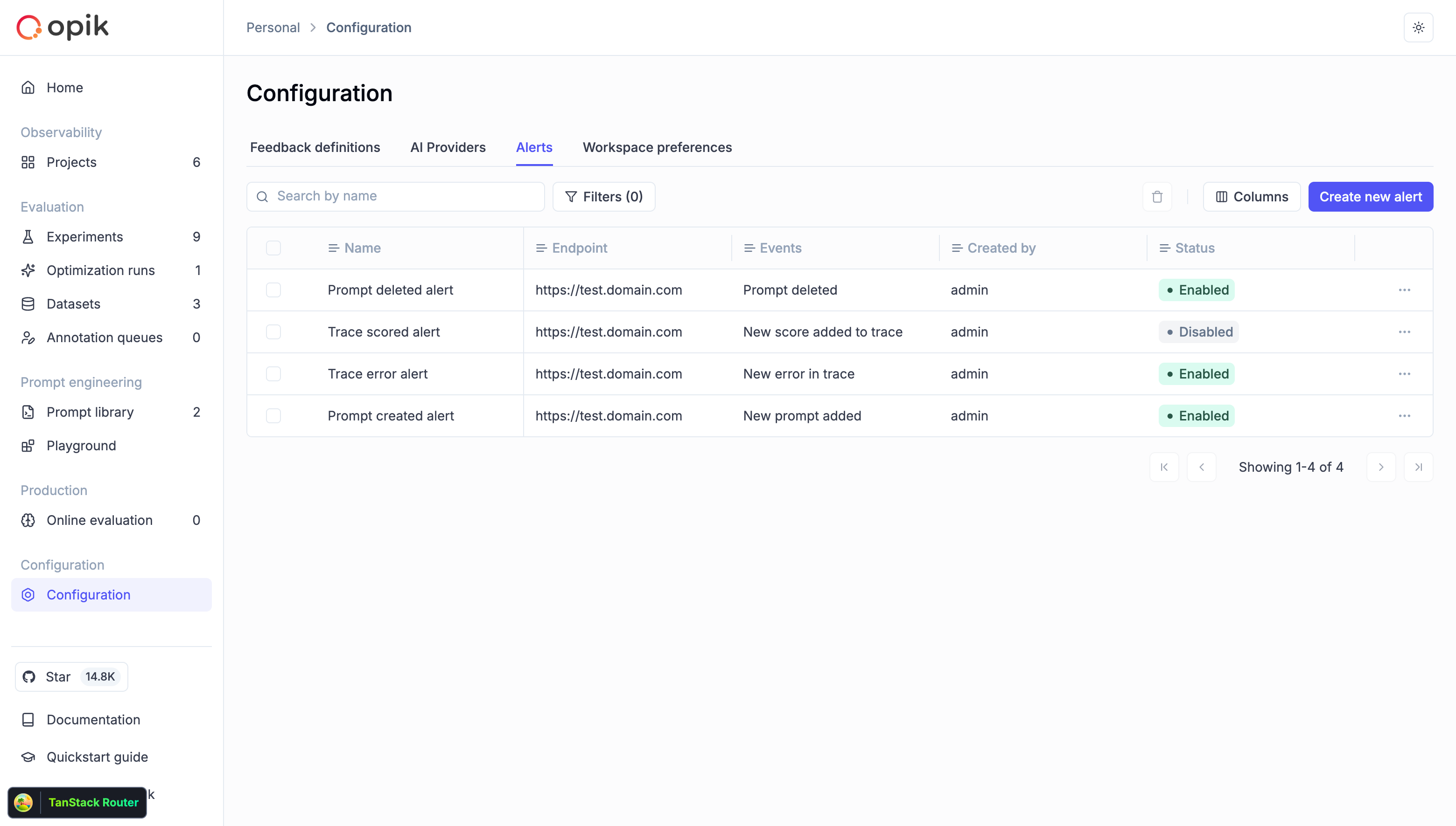 Alerts configuration in Opik