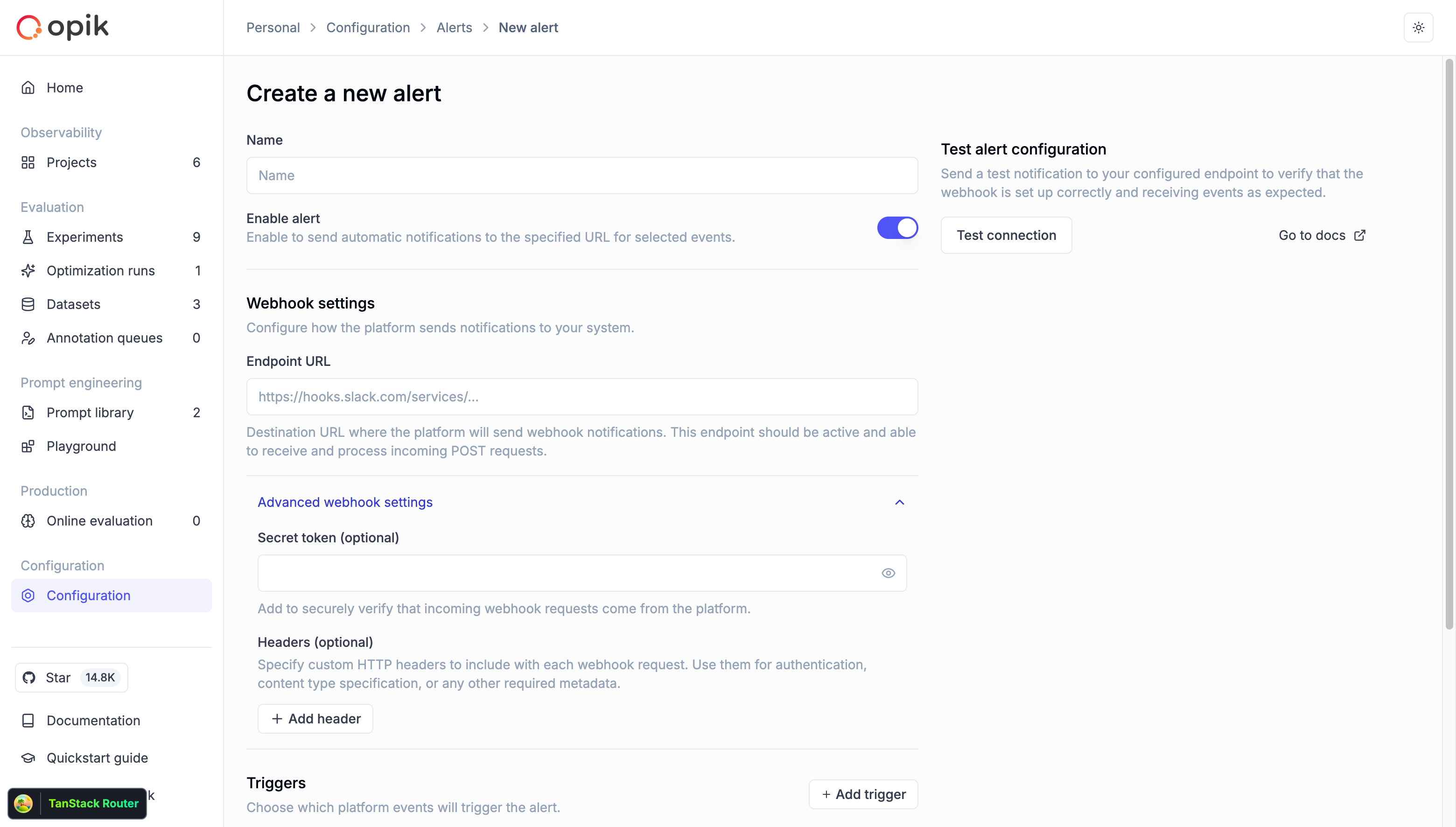 Create alert form