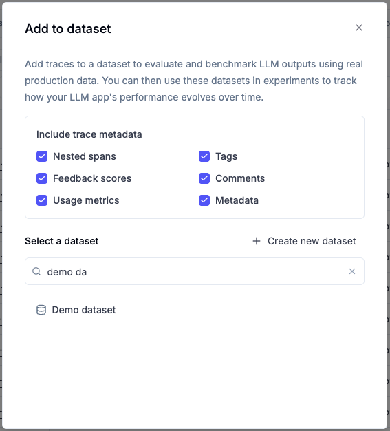 Add traces to dataset modal