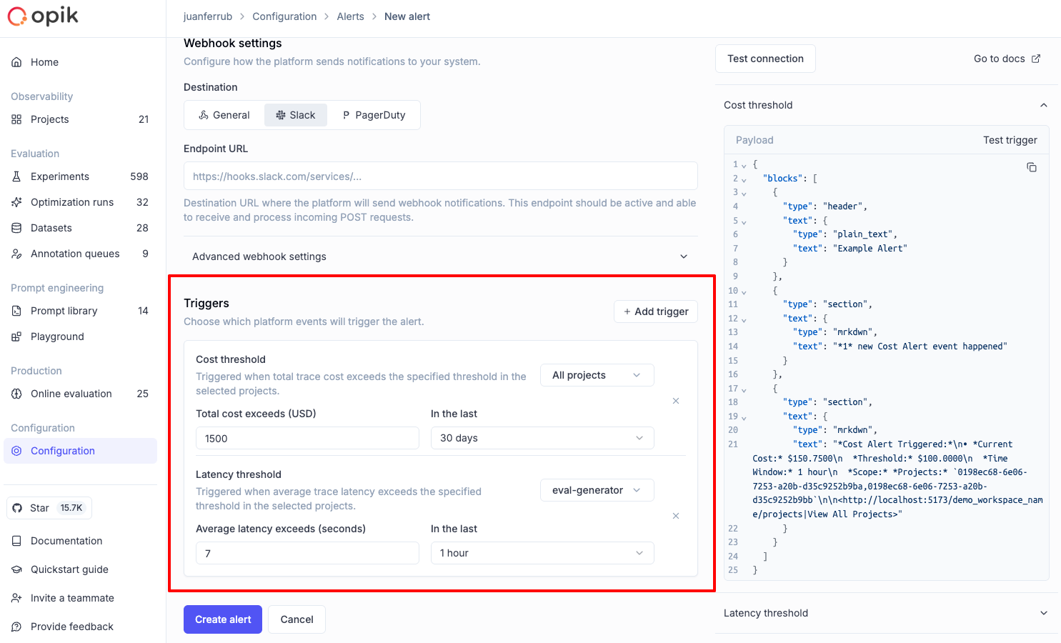 Cost and latency alerts configuration