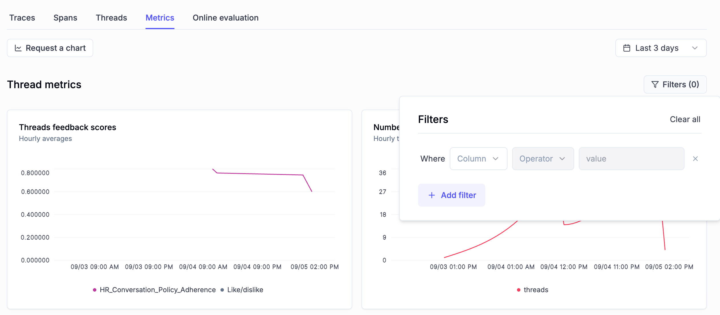 Metrics tab filters showing trace and thread attribute filtering options