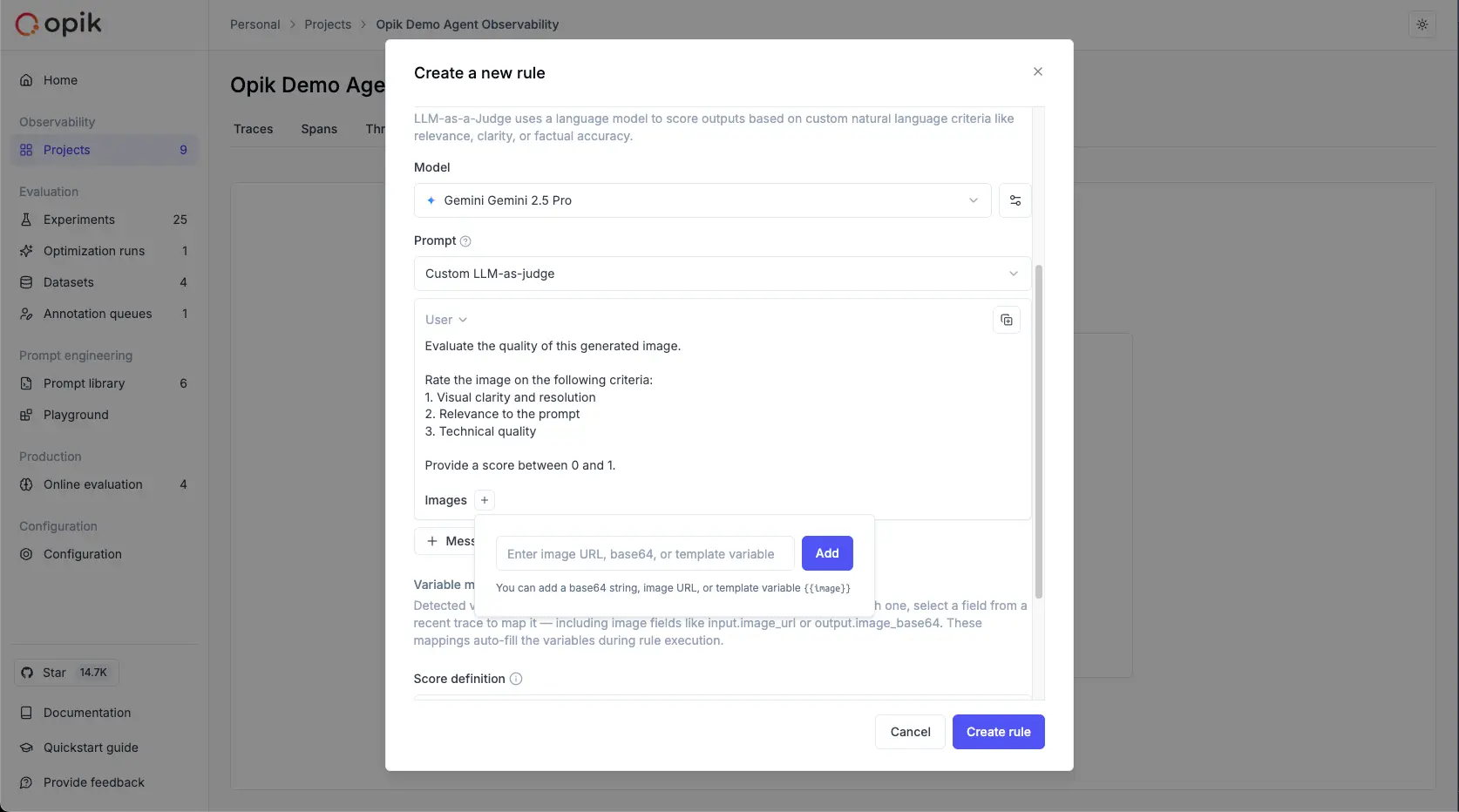 LLM Judge evaluation interface showing image support for multimodal evaluations