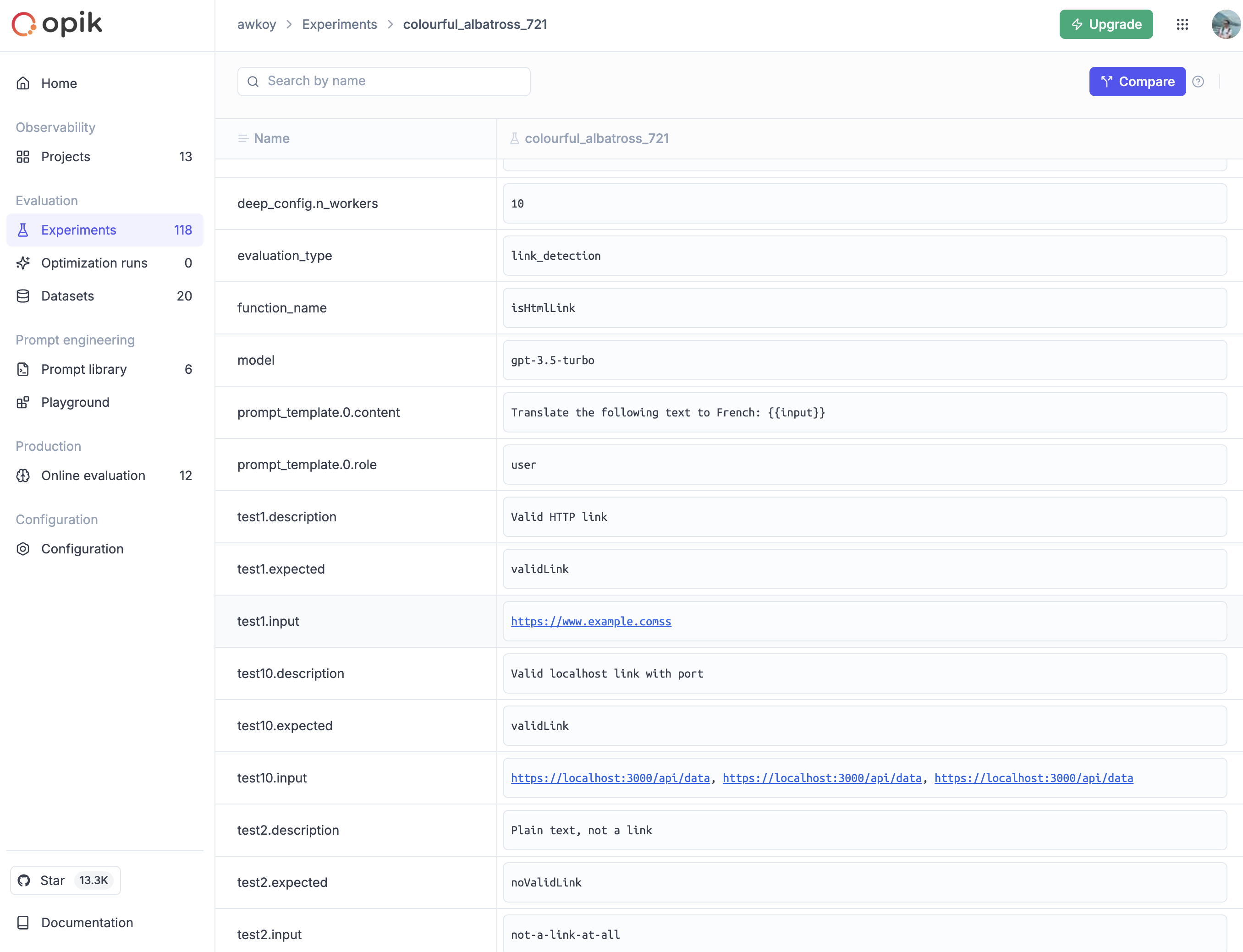 Clickable assets and metadata links in experiment configuration tab showing improved navigation
