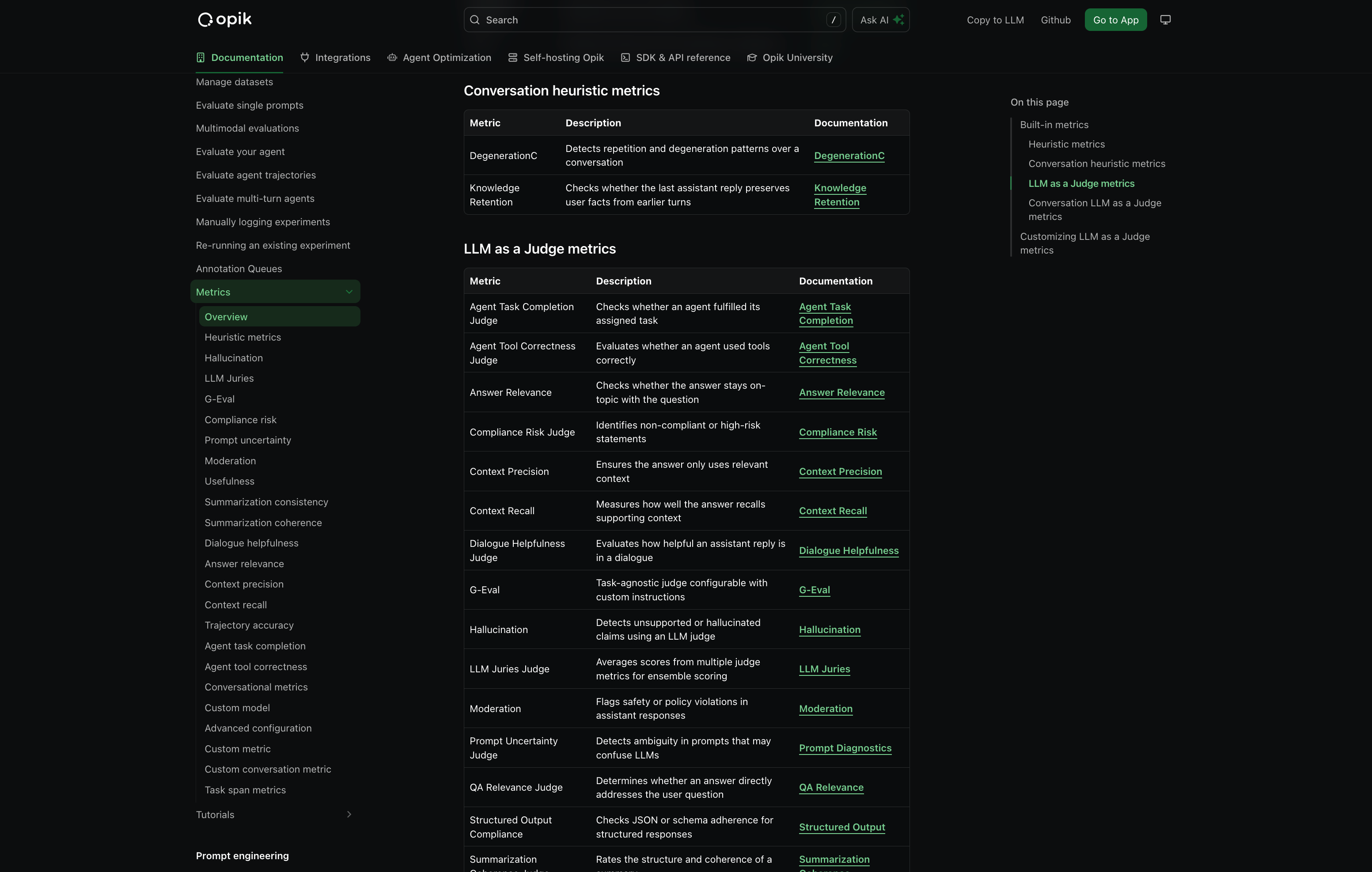 Evaluation metrics overview showing conversation heuristic metrics and LLM as a Judge metrics