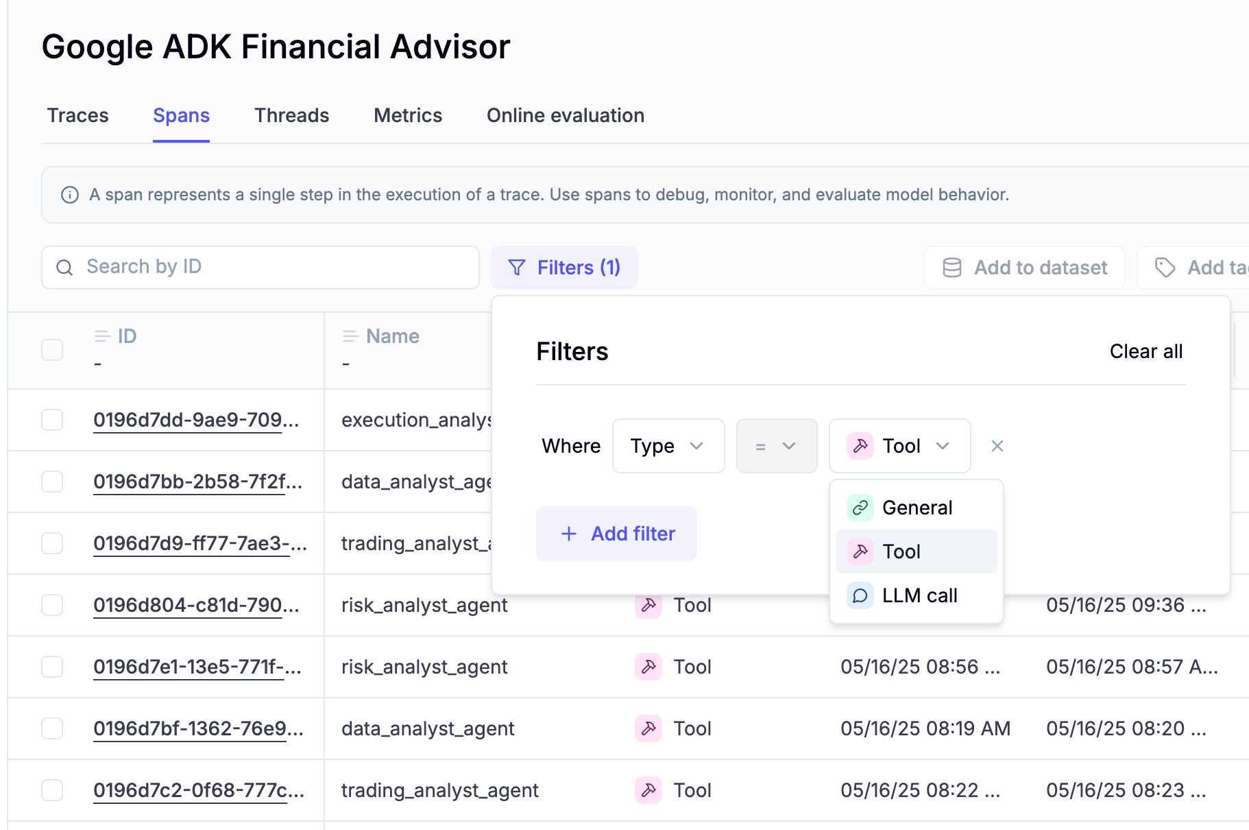 Spans Table Filter Interface