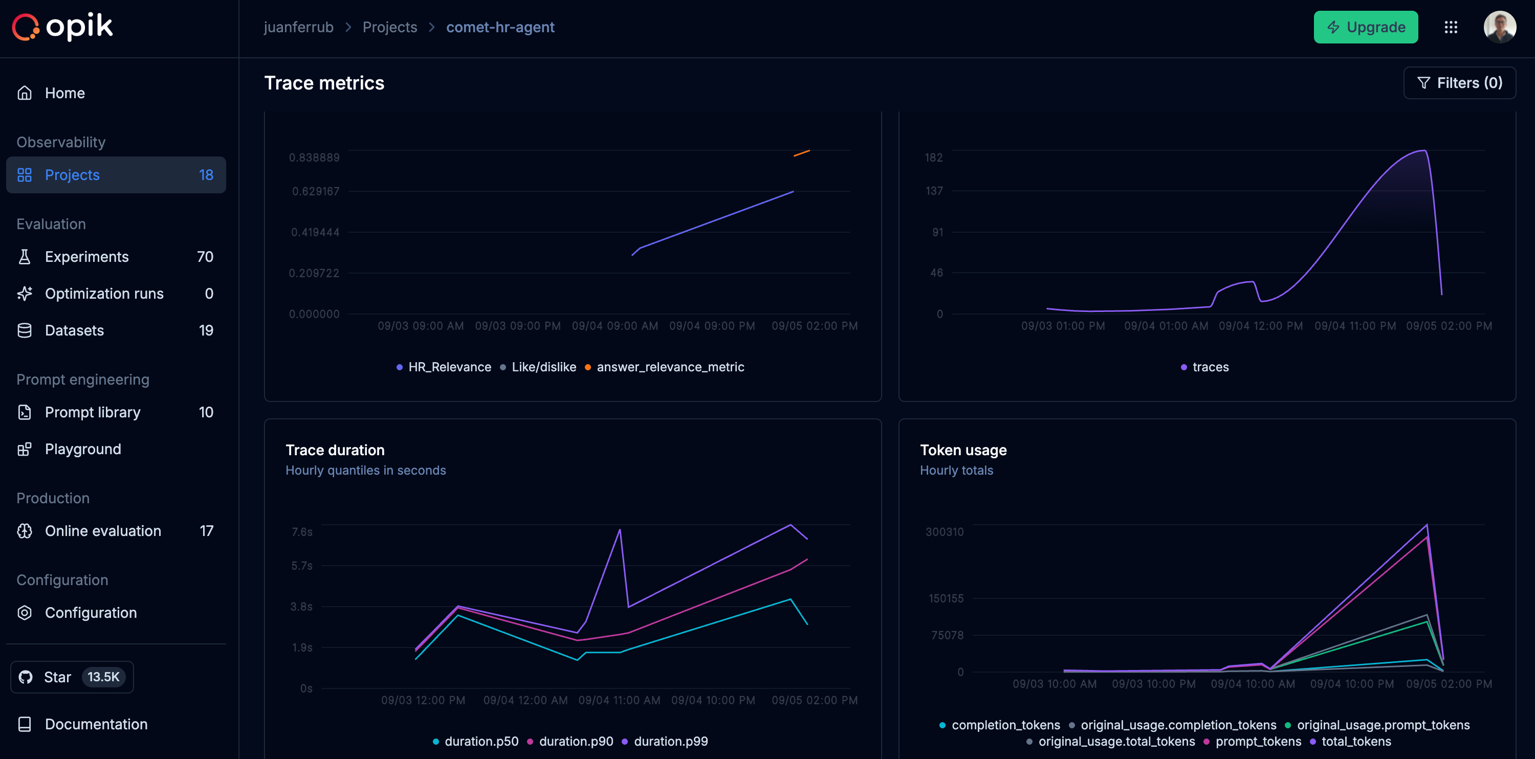 Dark mode theme toggle in Opik account settings showing light and dark theme options