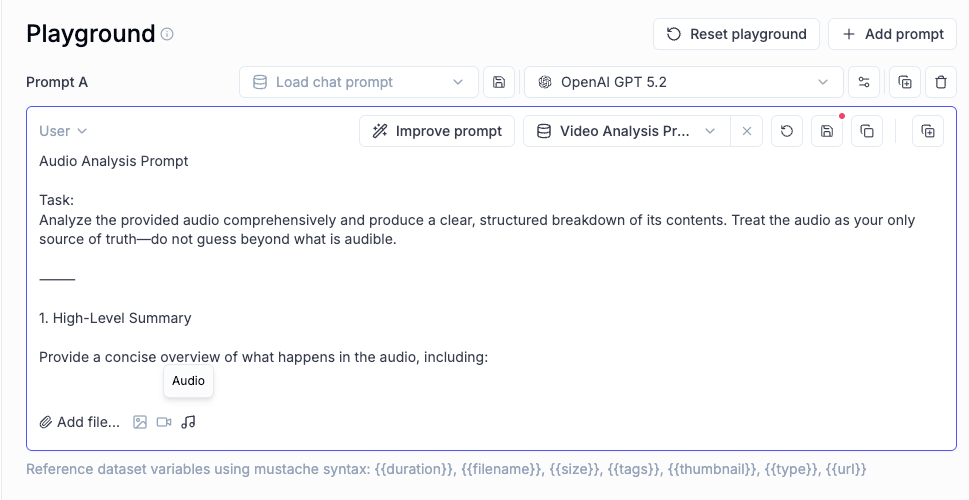 Audio support in playground showing audio prompts and file upload options