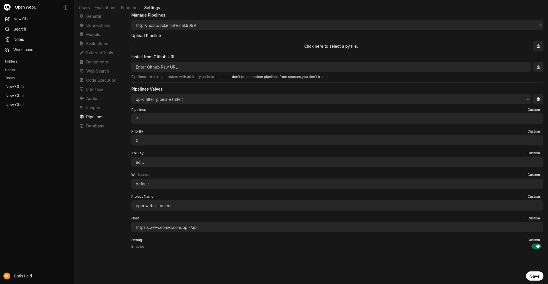 OpenWebUI add Opik Pipeline