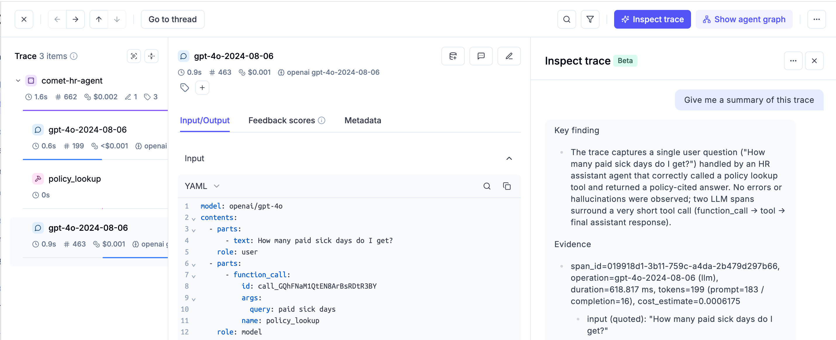 Opik Trace Analyzer Beta interface showing trace analysis and debugging features