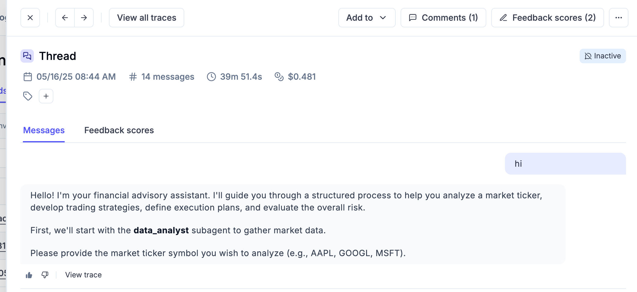 Total cost display showing cost information in thread sidebar headers and sum statistics