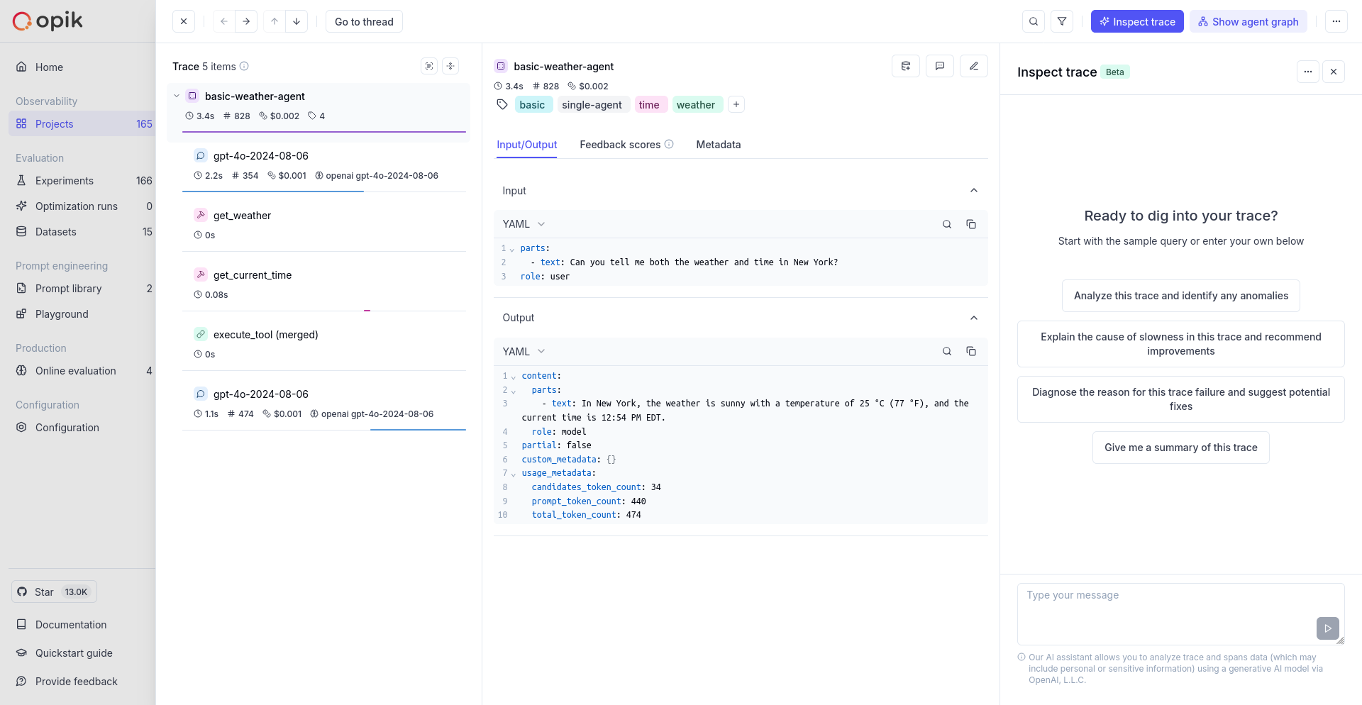 Opik Assist interface