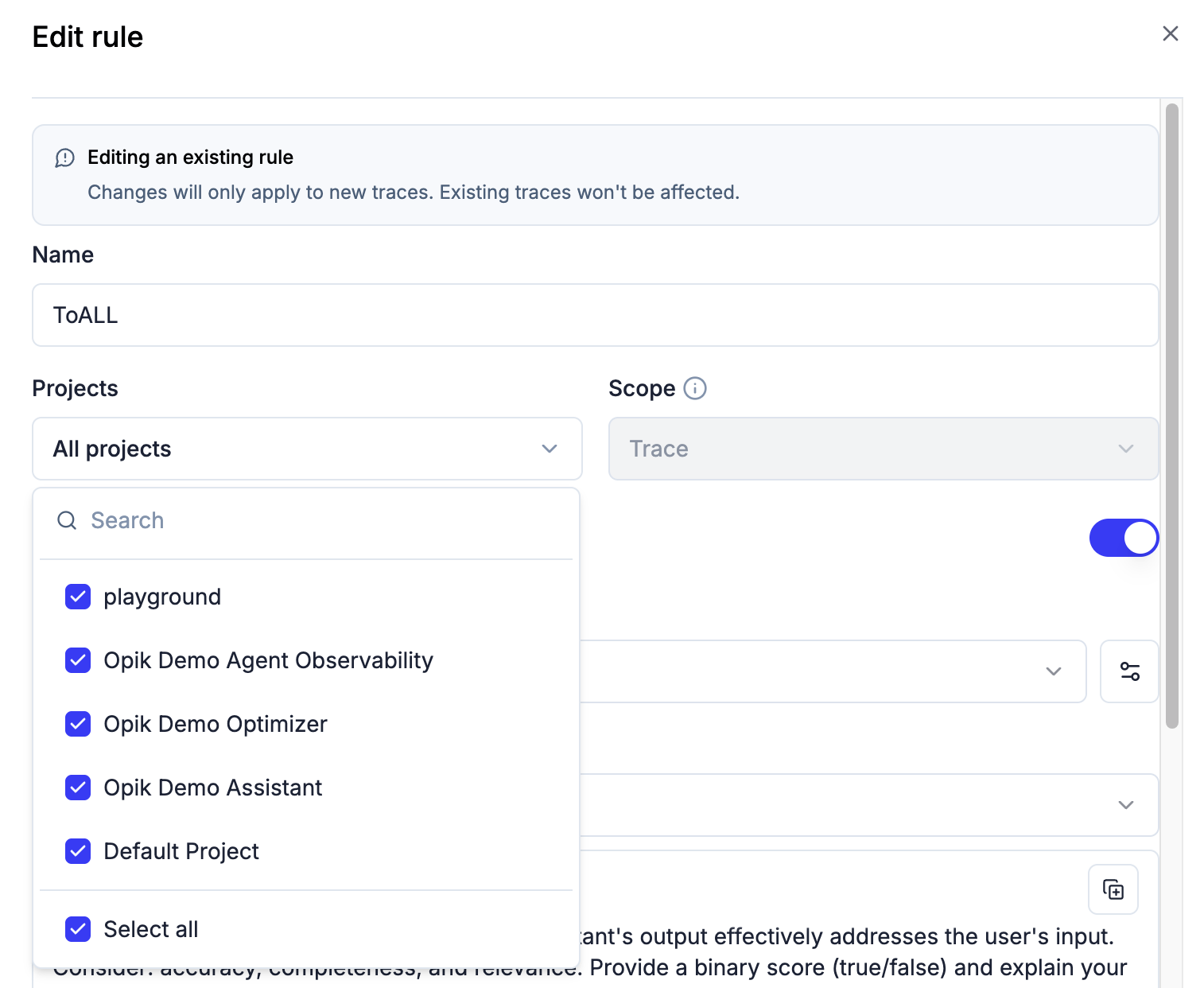 Multi-project support for online evaluation rules