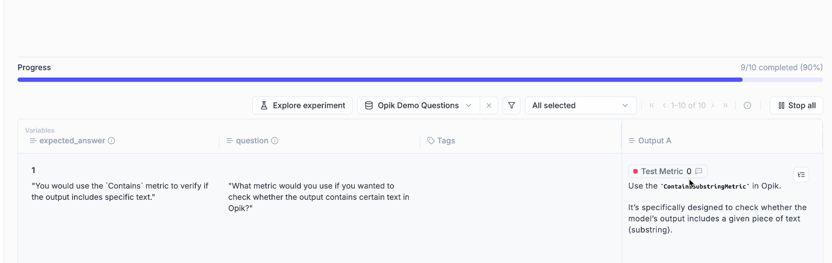 Playground output showing metric results directly in the output cell