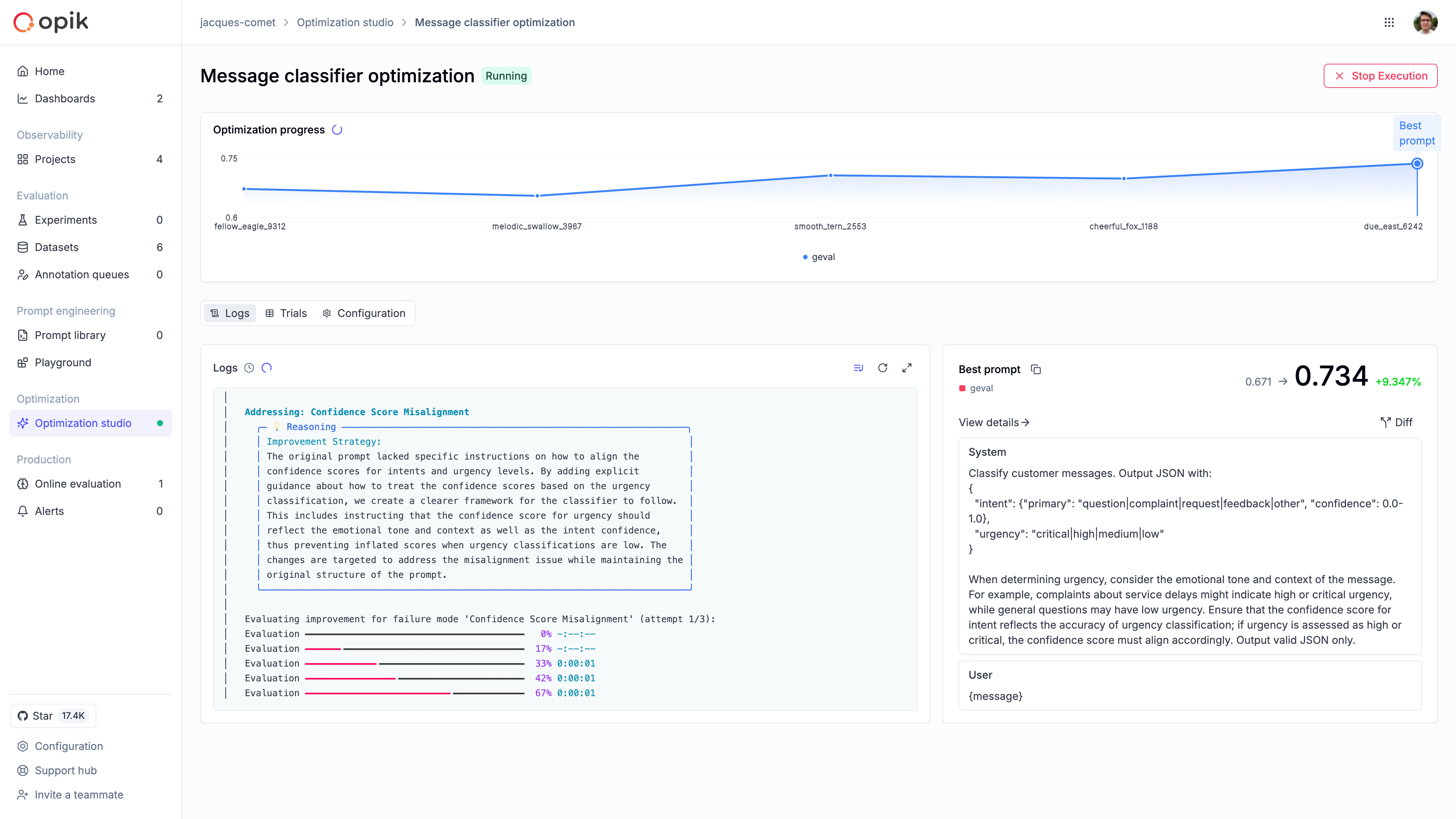 Optimization results page with progress chart and best prompt indicator