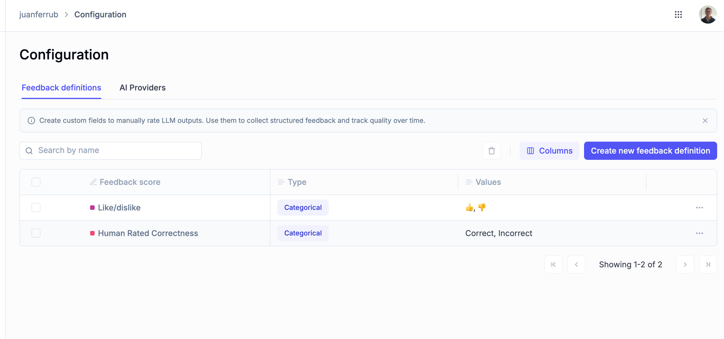 Feedback Definitions Table