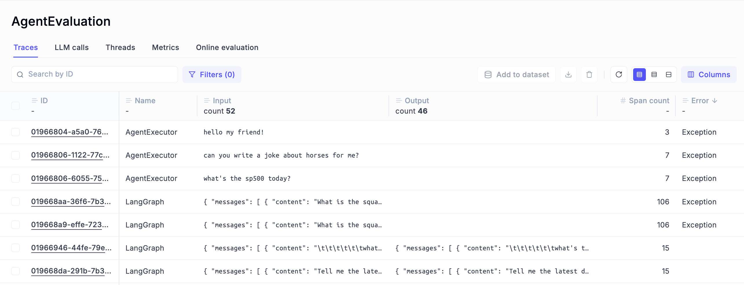 List view of multiple agent traces with error detection highlights