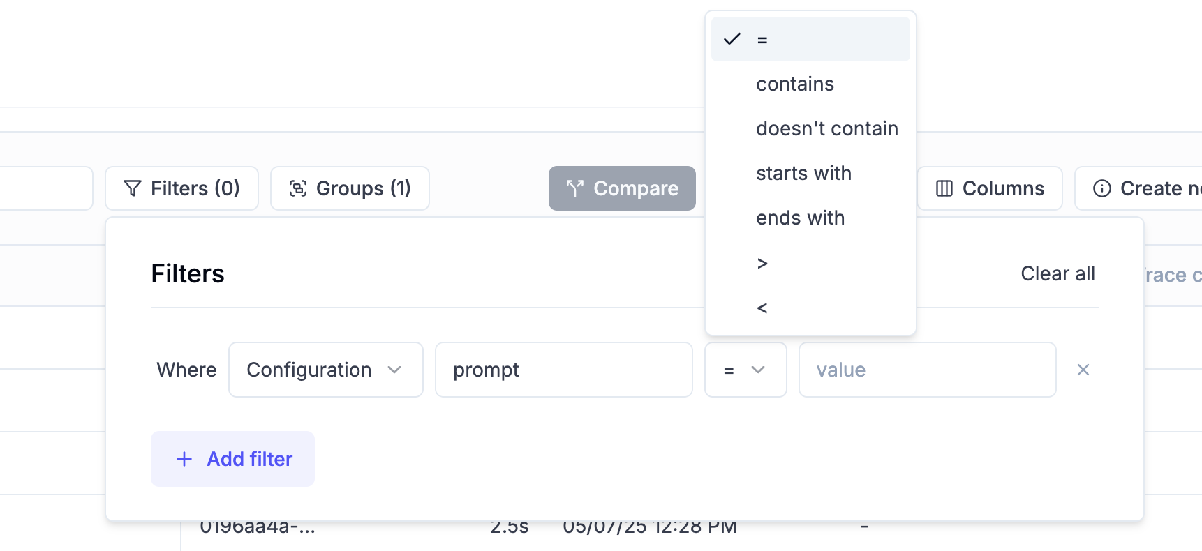 Experiment table filter operators showing advanced filtering options