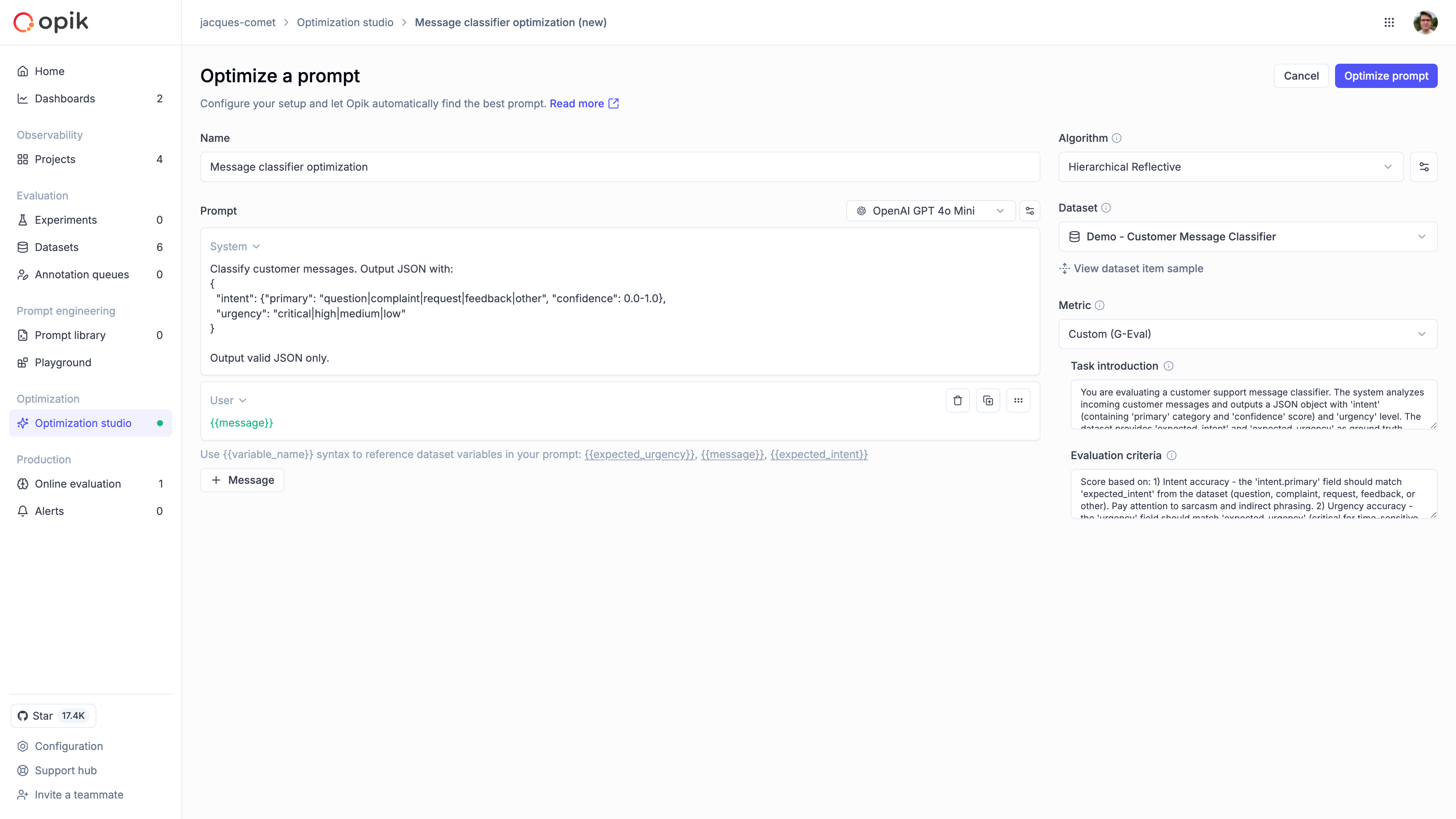 Optimization Studio form showing name, prompt, algorithm, dataset, and metric configuration