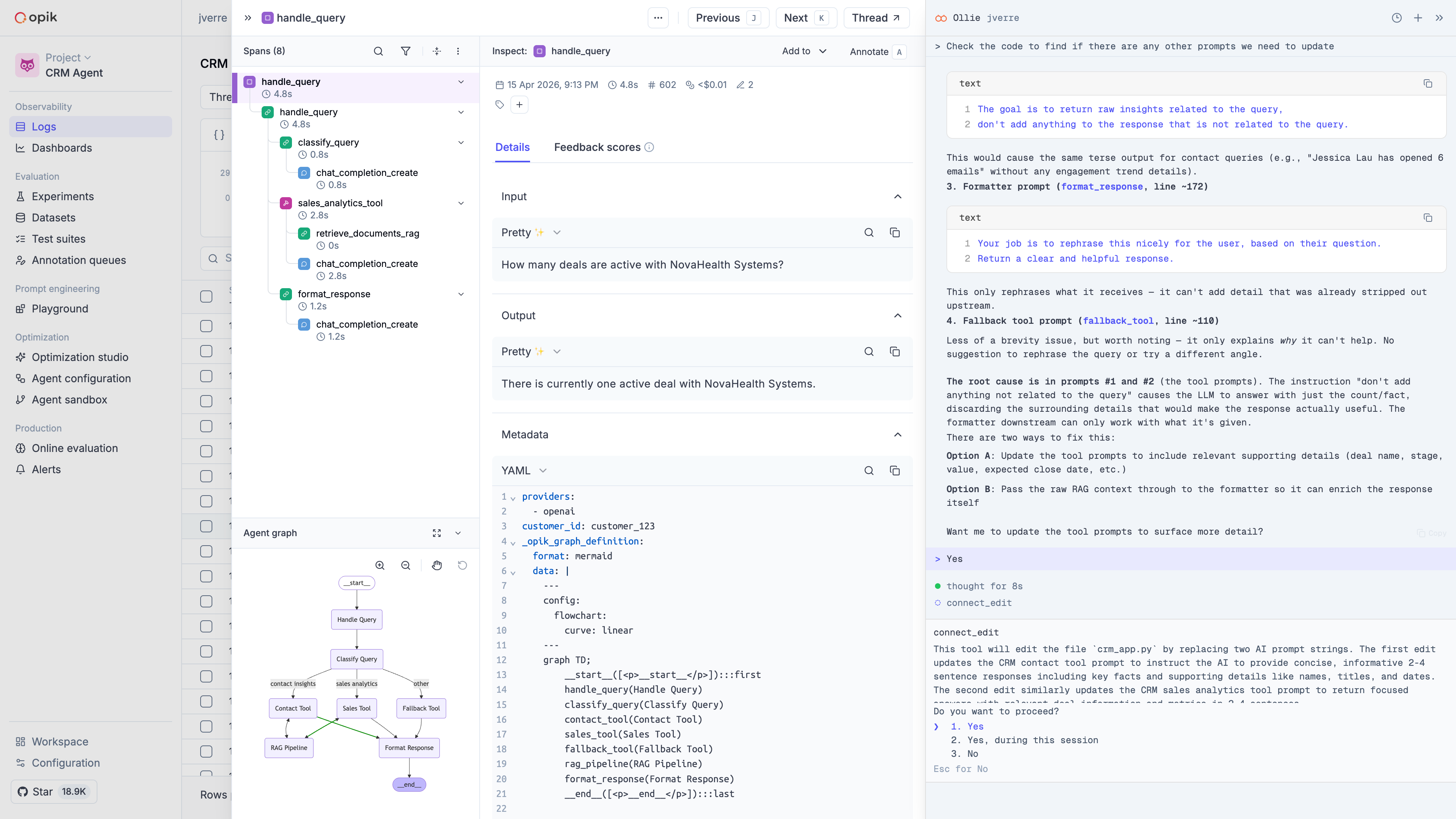 Ollie proposing a code fix with a diff view