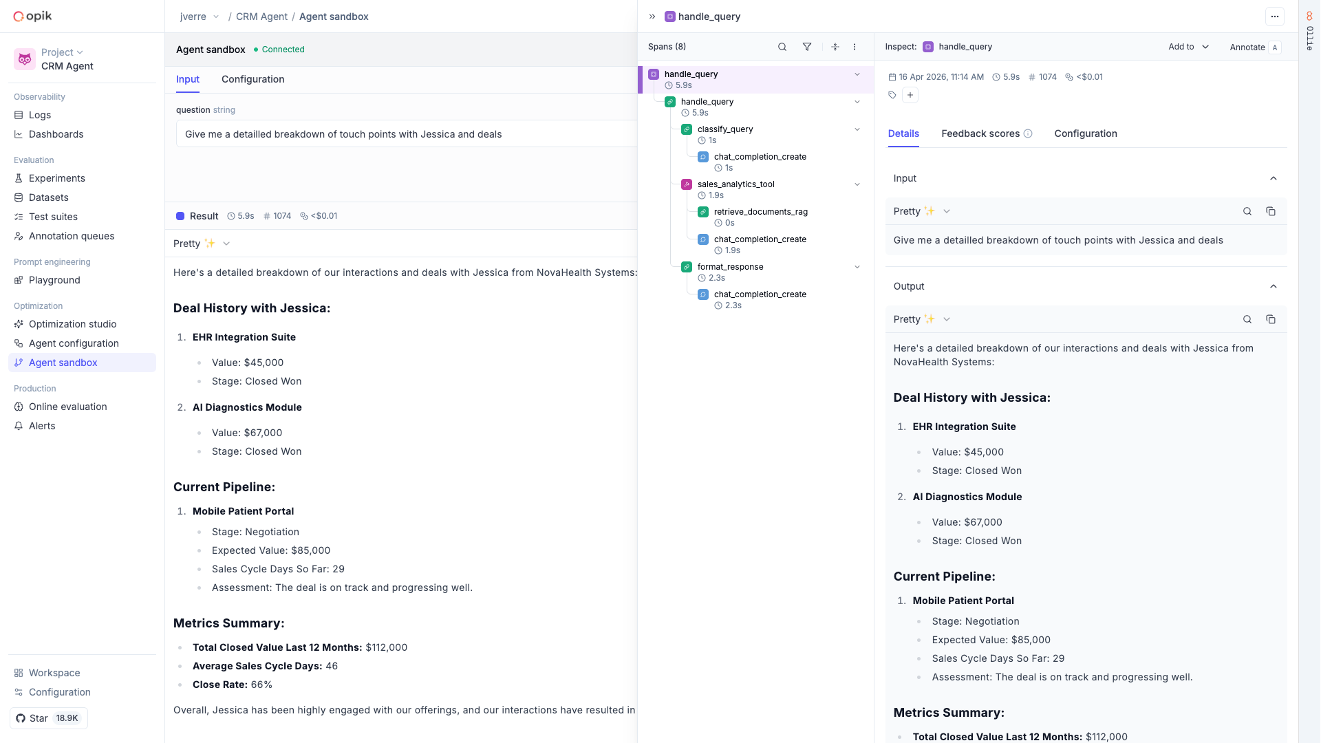 Agent Sandbox UI showing a connected runner with input fields and execution results