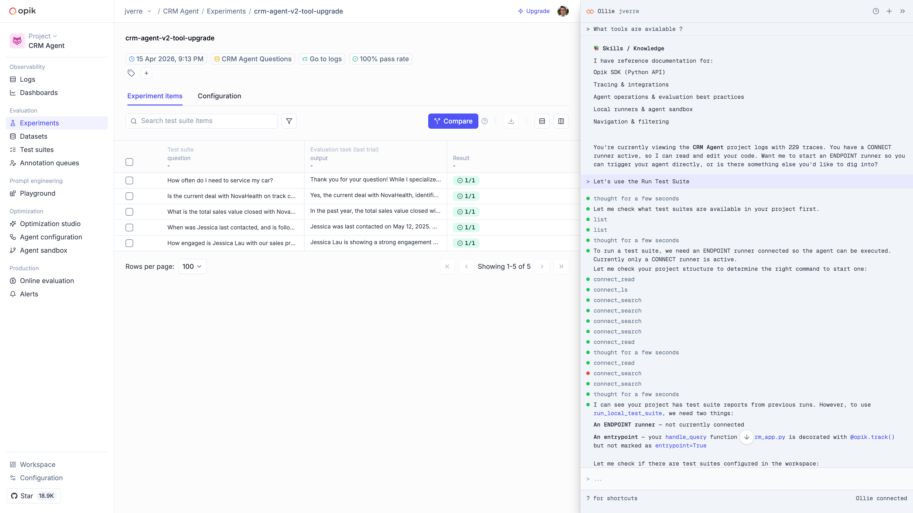 Ollie running a test suite and showing pass/fail results