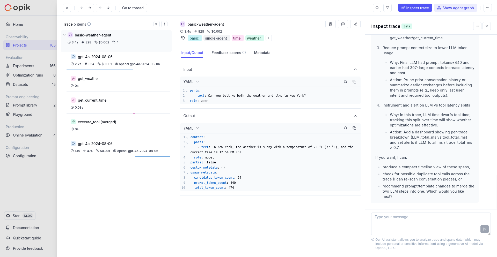 Opik Assist AI response with recommendations