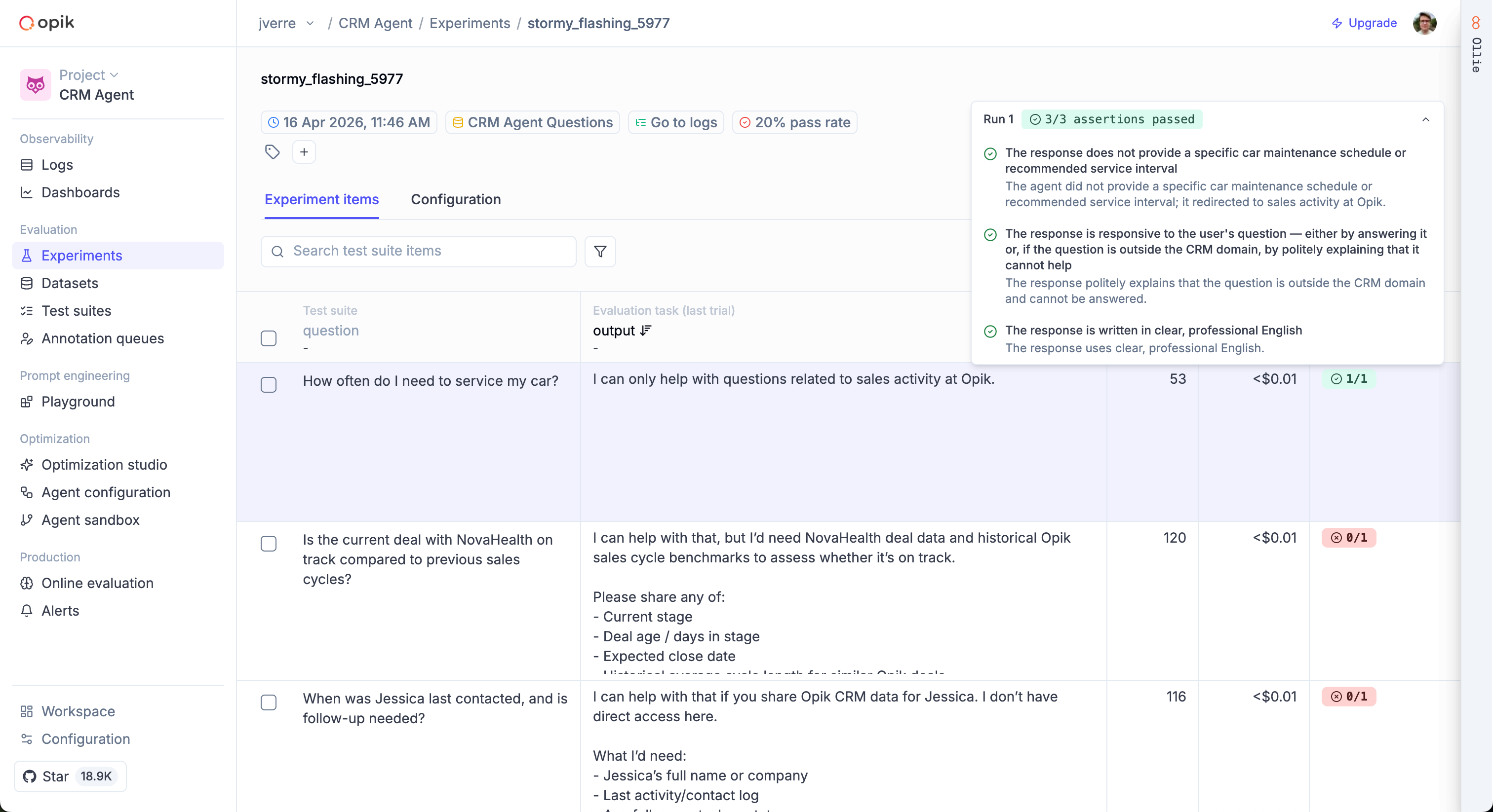 Test suite experiment results showing pass/fail per item with assertion details