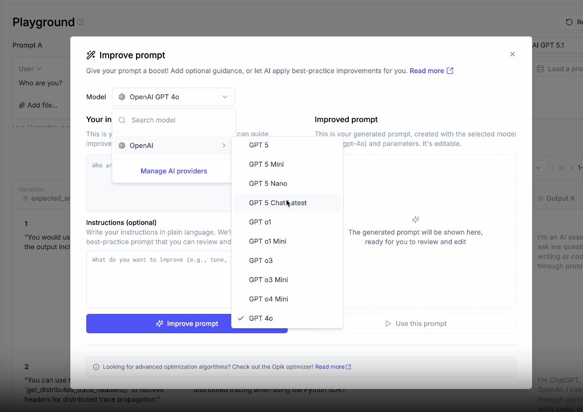 Model selector dropdown for OpikAI features like Prompt Generator and Prompt Improver