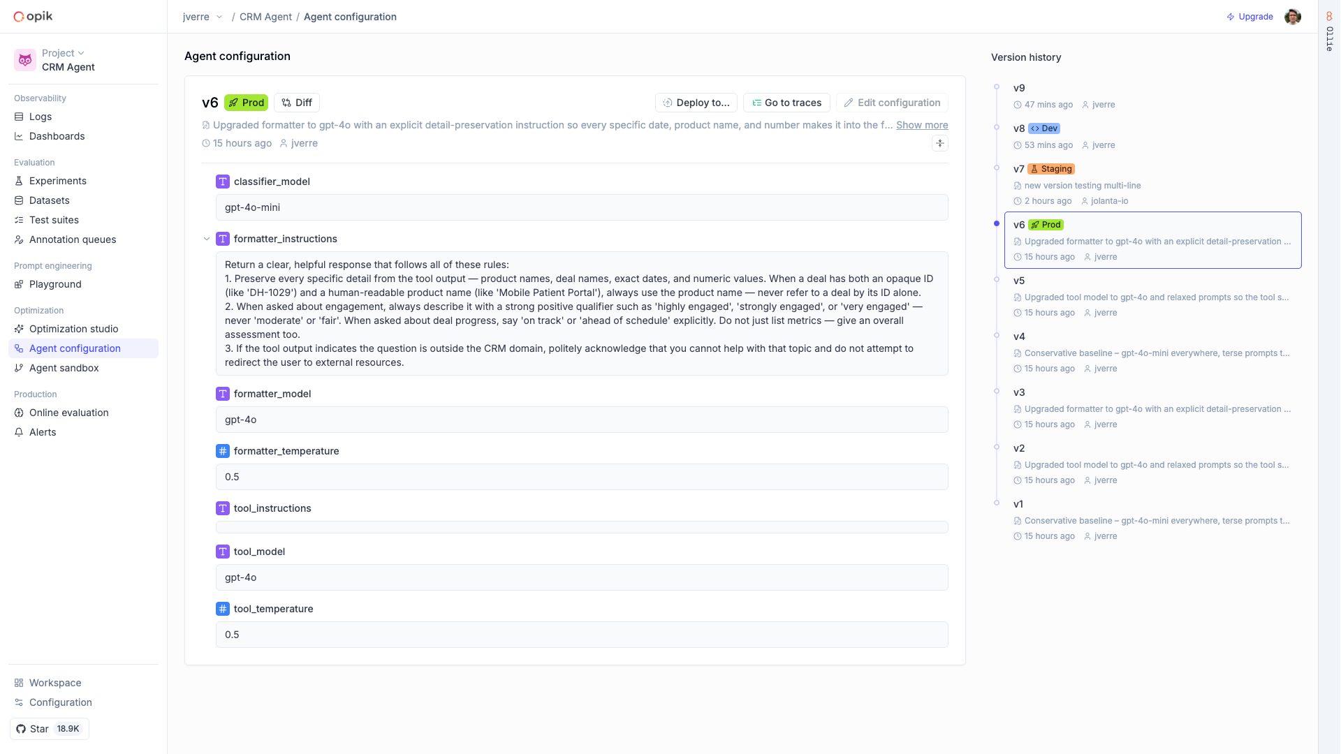 Agent Configuration page showing versioned prompts, model parameters, and environment labels