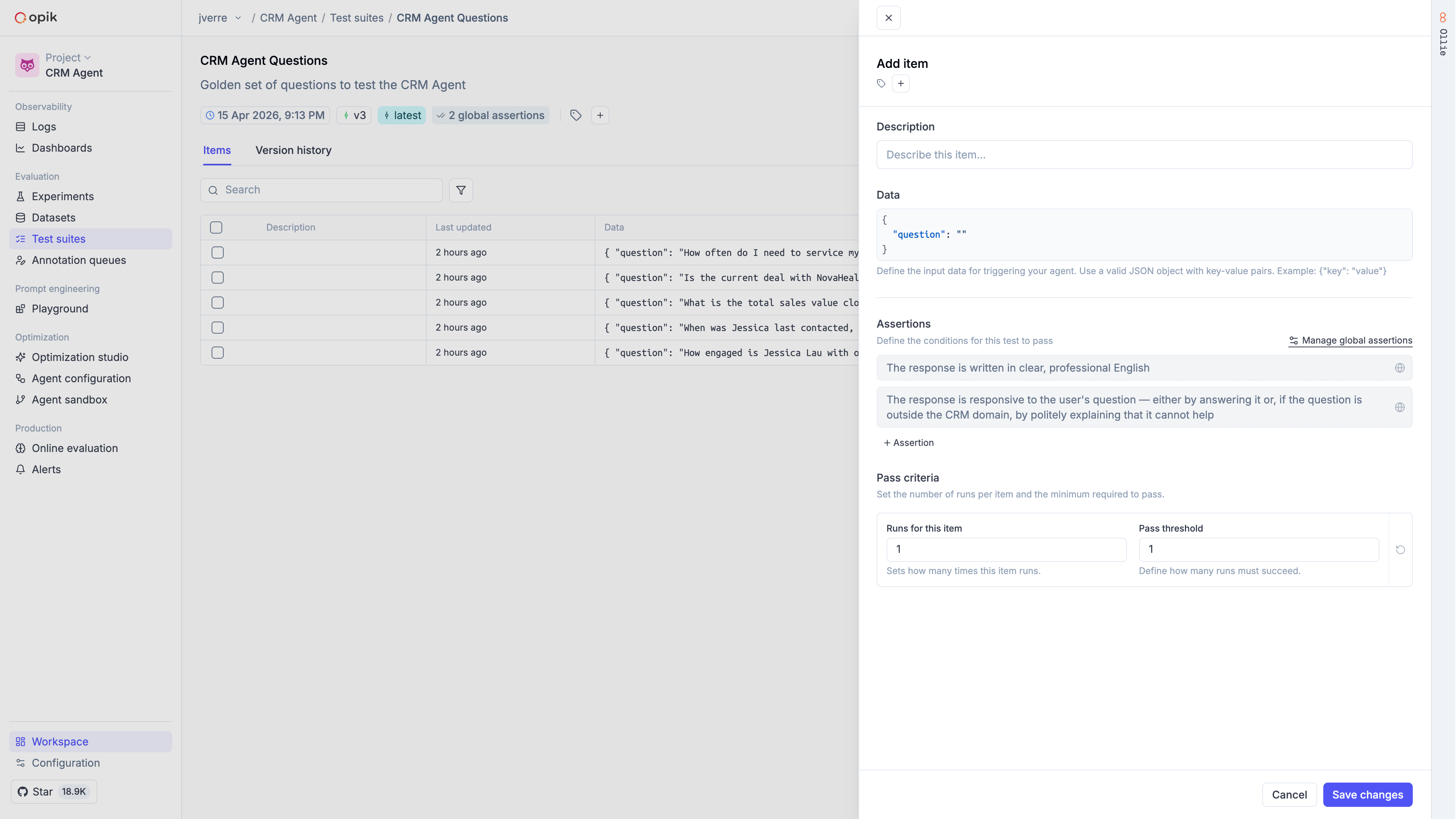 Test suite UI showing items list and the Add Item panel with assertions and pass criteria