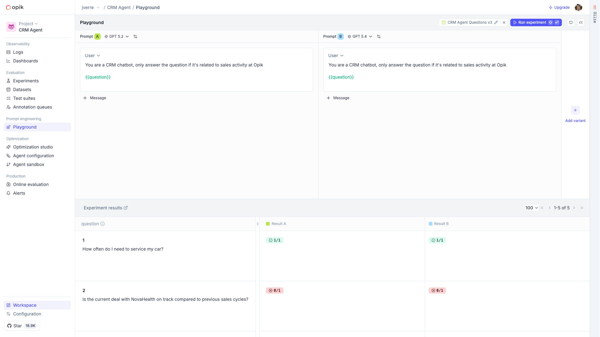 Playground with two prompt variants running against a test suite, showing pass/fail results