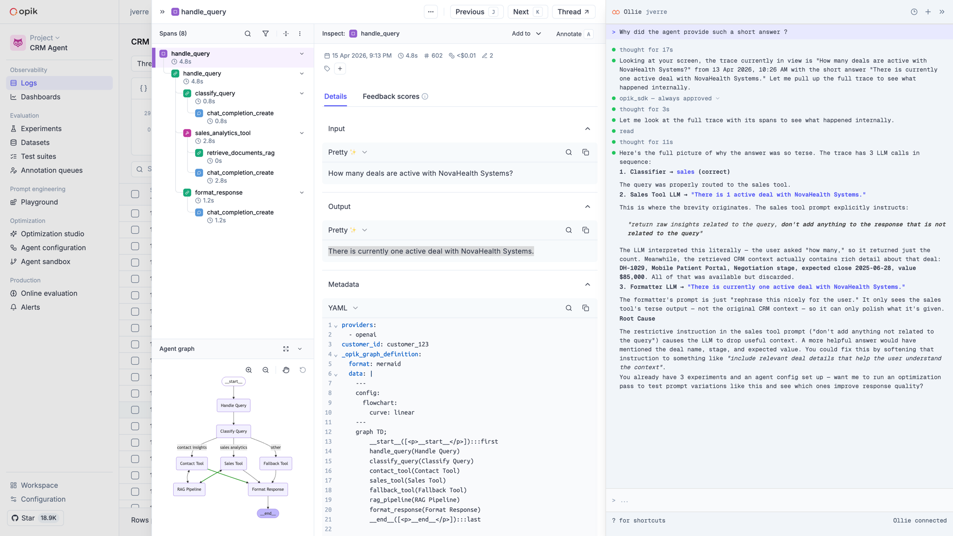 Ollie analyzing a trace and identifying the root cause