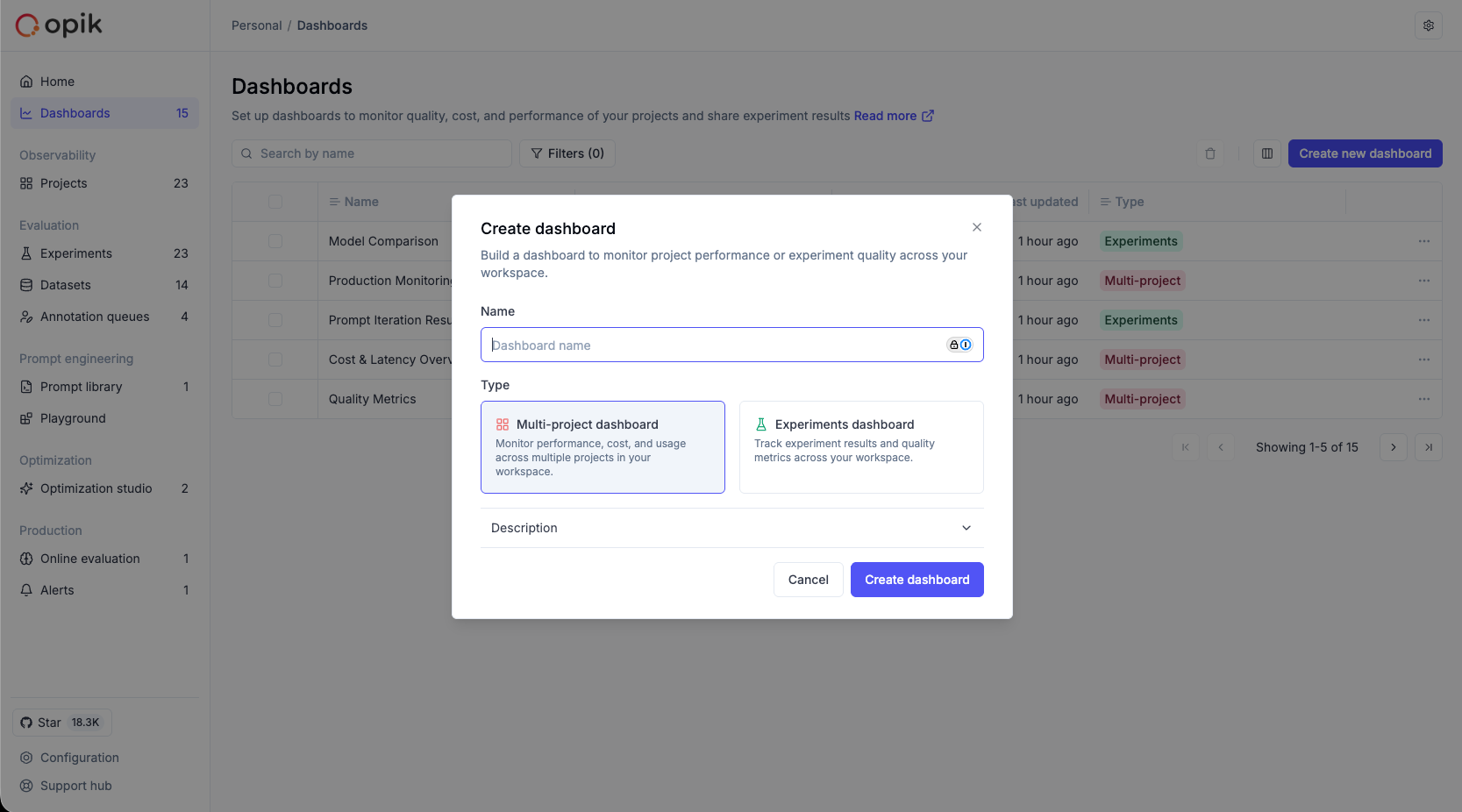 Create dashboard dialog