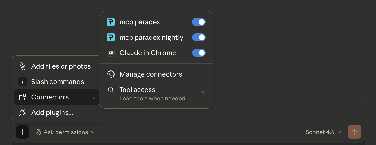 Claude Desktop Connectors panel showing mcp paradex enabled