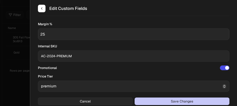 Edit Custom Fields side panel on a Price detail page