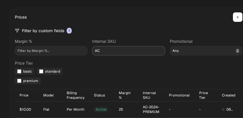 Custom field filters on a Prices table