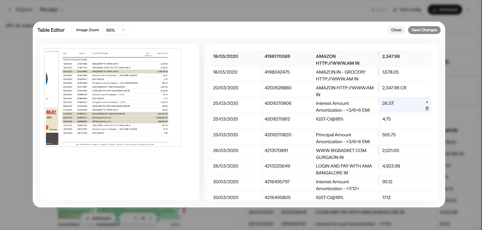 Table editor showing a source-table image on the left and an editable grid of extracted bank transaction rows on the right, with Image Zoom, Close, and Save Changes controls.