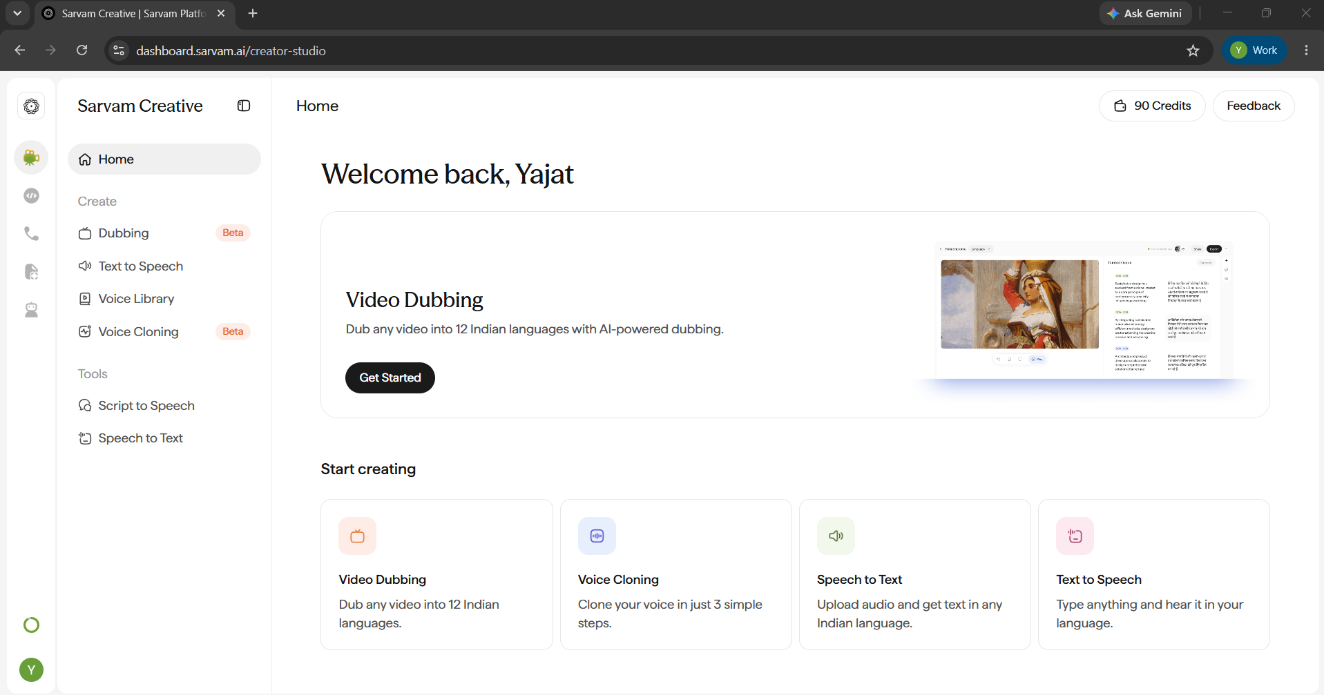 Sarvam Creative dashboard home screen, showing a Video Dubbing highlight and a Start creating grid with Video Dubbing, Voice Cloning, Speech to Text, and Text to Speech cards.