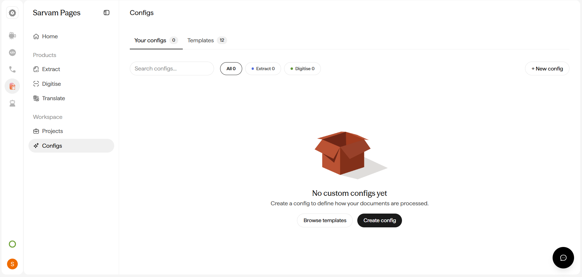 Configs page empty state reading No custom configs yet, with Browse templates, Create config, and + New config buttons.
