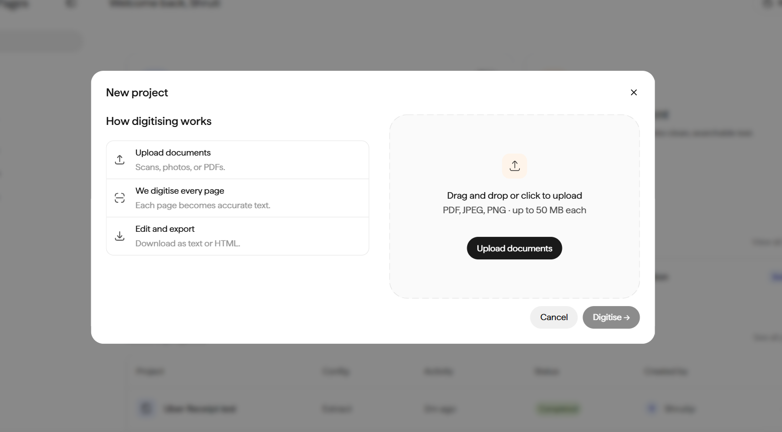 New Project dialog on Sarvam Pages showing the three-step Digitise flow