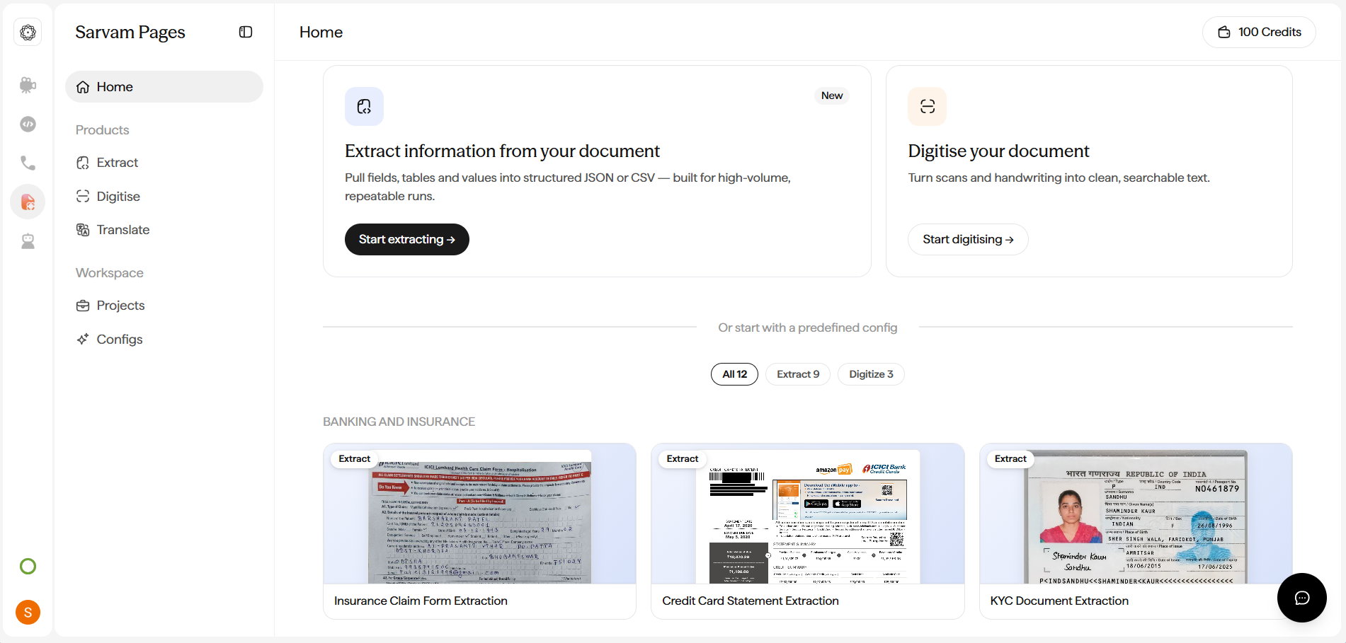 Sarvam Pages Home dashboard with quick-start cards for Extract and Digitise, a credit balance, and a template shelf.