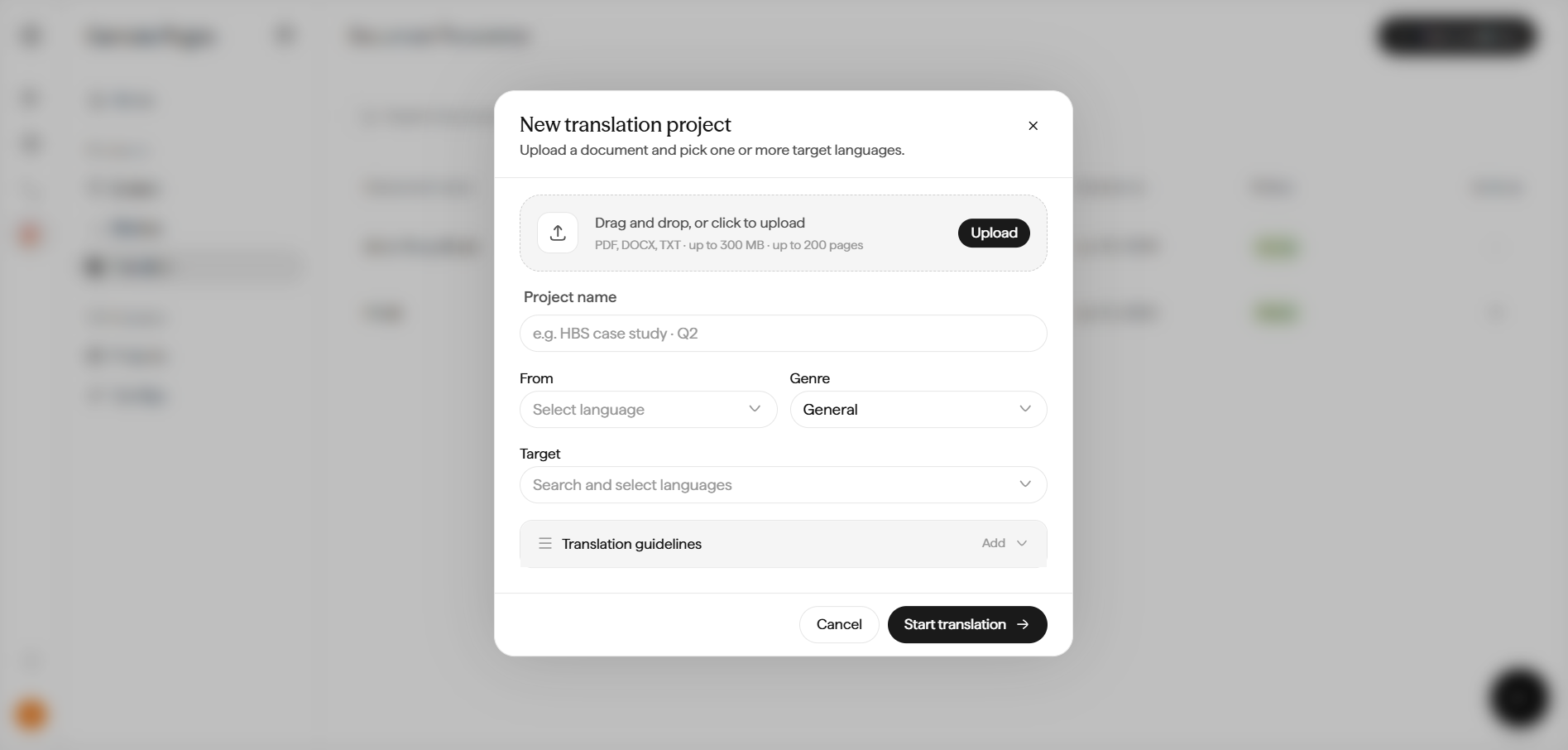 New translation project dialog with an upload zone (PDF, DOCX, TXT up to 300 MB, up to 200 pages), Project name, From, Genre, Target language search, and Translation guidelines fields.