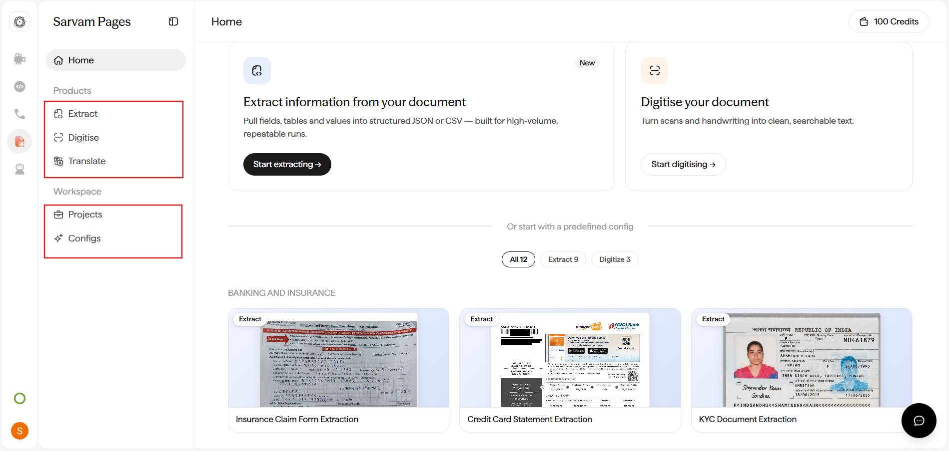 Sarvam Pages Home page with quick-start cards for Extract and Digitise, a credit balance, and a template shelf organised by category.