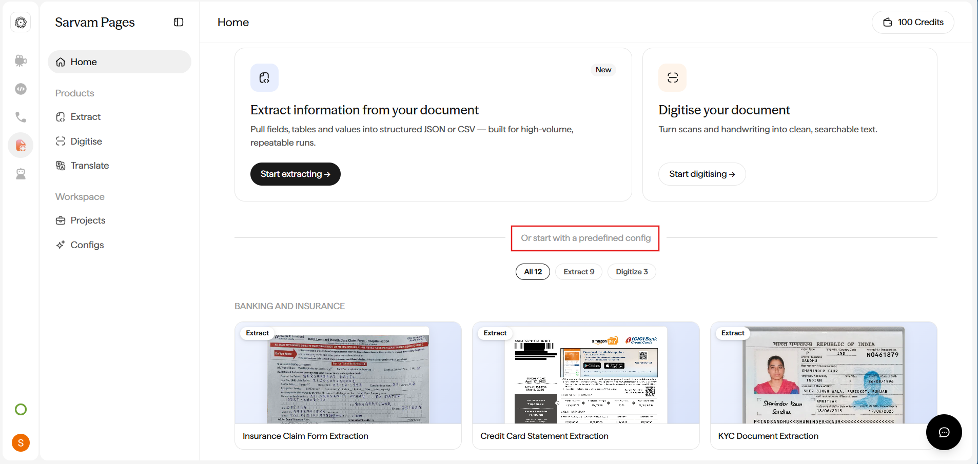 Home page showing Or start with a predefined config with All 12, Extract 9, and Digitise 3 filter pills, and template cards for Insurance Claim Form Extraction, Credit Card Statement Extraction, and KYC Document Extraction.